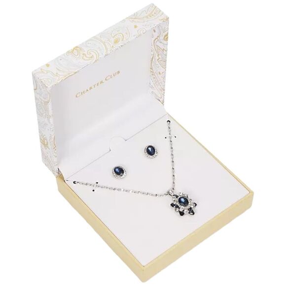 NWT Charter Club Crystal & Stone Cluster Pendant Necklace Halo Stud Earrings Set - Picture 1 of 3